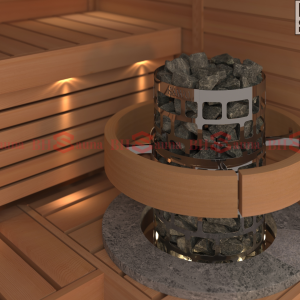 Máy xông hơi khô SAWO Aries Round NS đặt giữa phòng sauna, thiết kế tower tỏa nhiệt 360 độ, phù hợp spa và gia đình