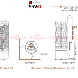 Sơ đồ khoảng cách an toàn máy xông hơi SAWO Aries Round NS, hướng dẫn lắp đặt heater sauna đúng tiêu chuẩn kỹ thuật