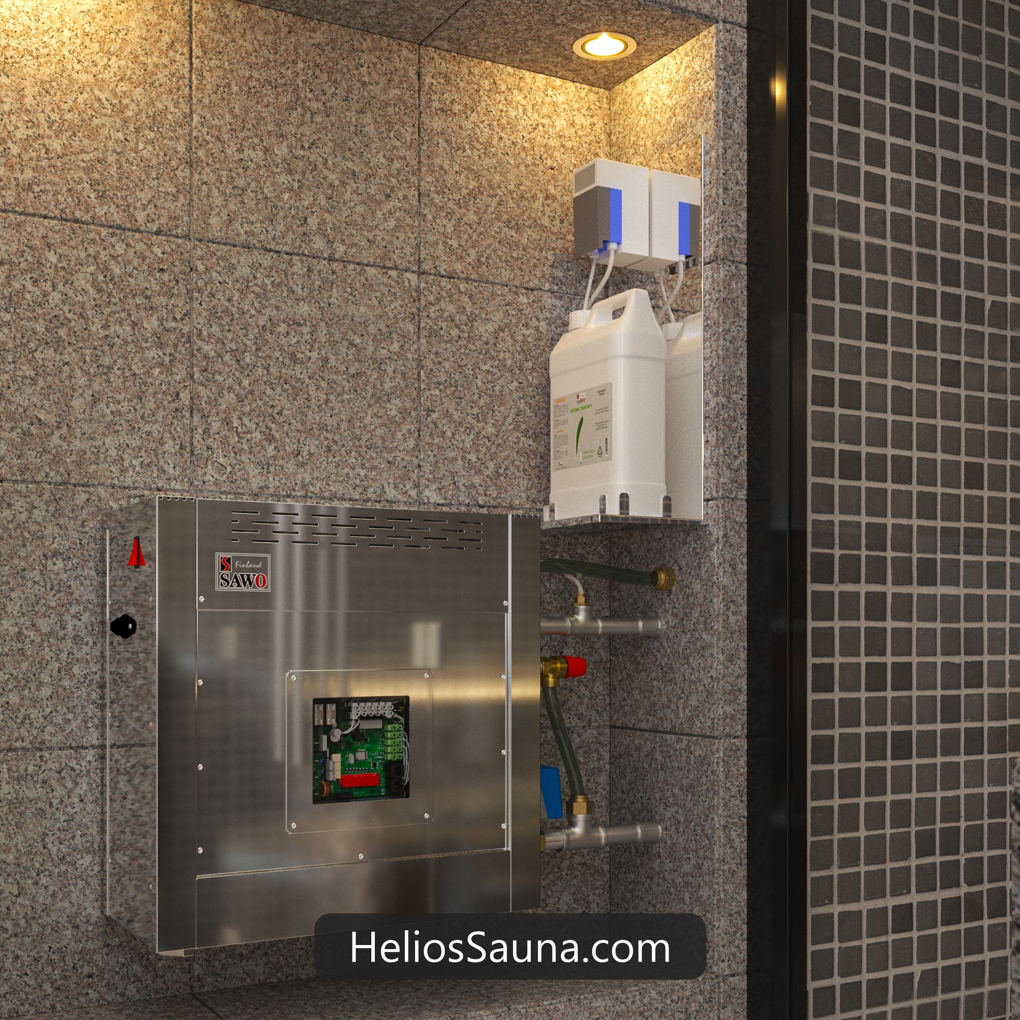 Đầu Phun Hơi Xông Ướt SAWO Steam Head & Ống Trộn Khí Venturi (Inox 304) 11 Phối cảnh thực tế lắp đặt đầu phun hơi trong phòng xông ướt